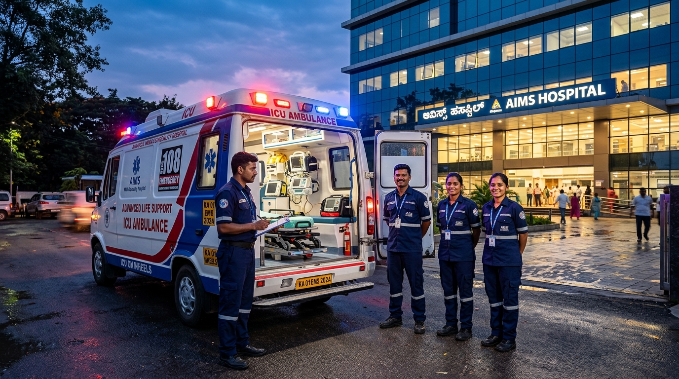 Neo Pulse Ambulance Services Advanced Life Support ICU Ambulance outside hospital